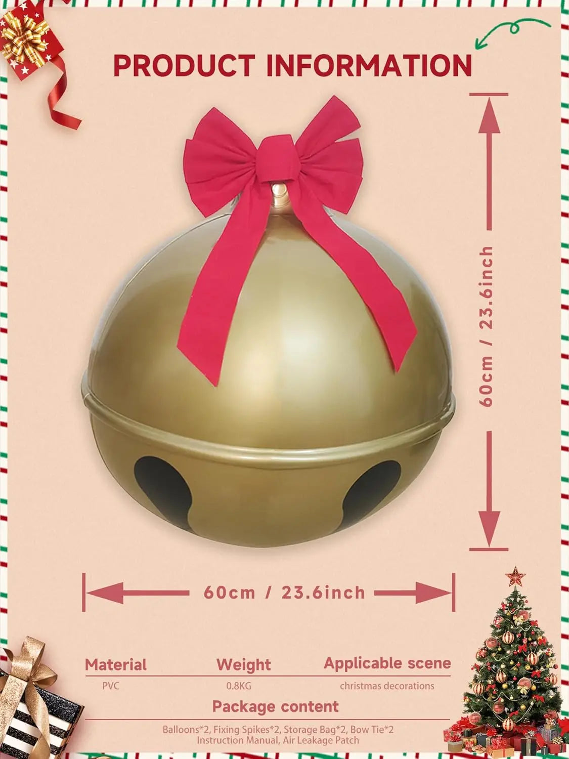 23.6-Inch Inflatable Christmas Ball with Bell Sound Outdoor Yard Fun Decoration Christmas Decorations Inflatable Bell Ornament Qme