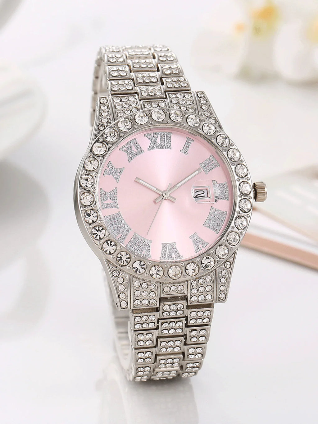 Women's Hip Hop Iced Out Jewelry Combo, Silver Plated Diamond Watch + Cuban Chain + Bracelet, Fashion Accessory Qme