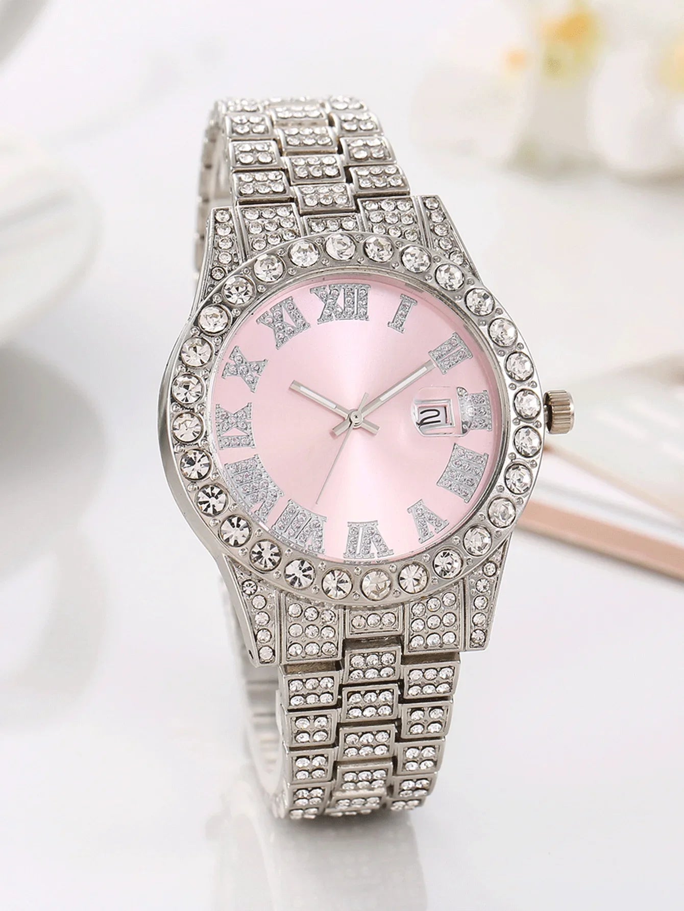 Women's Hip Hop Iced Out Jewelry Combo, Silver Plated Diamond Watch + Cuban Chain + Bracelet, Fashion Accessory Qme