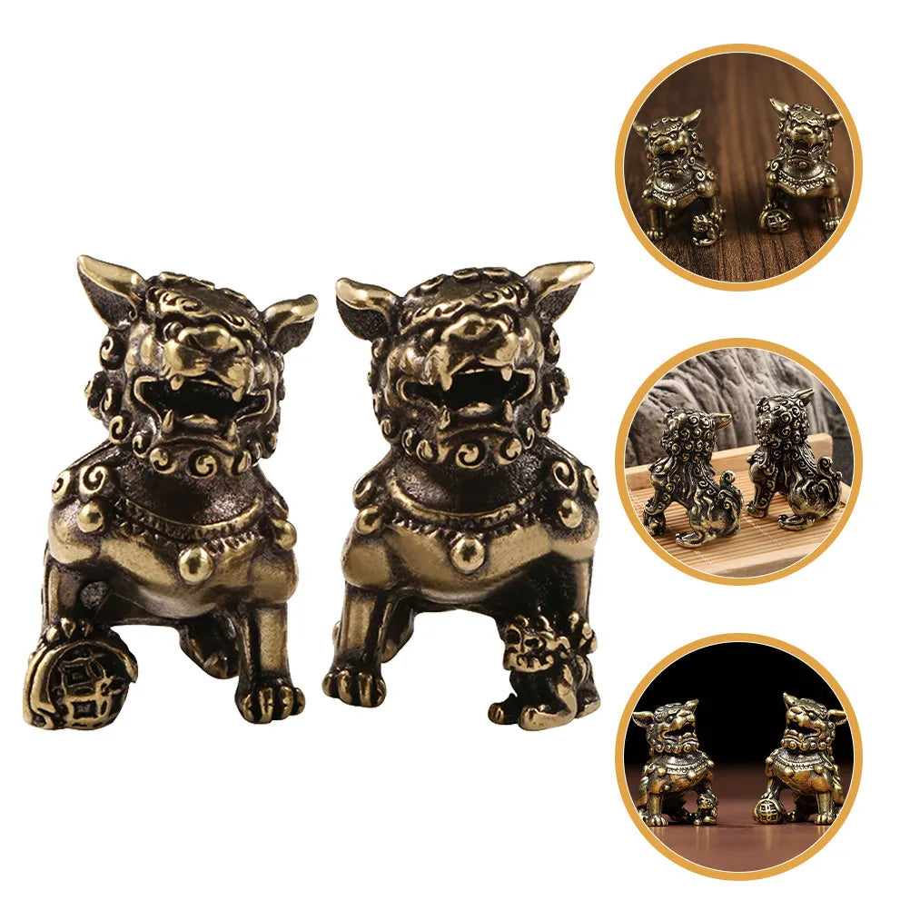 1Pair Lion Brass Tea Pet Exquisite Vintage Statue Decor for Home Hotel Restaurant Desktop Mini Lion Ornament Retro Design Qme