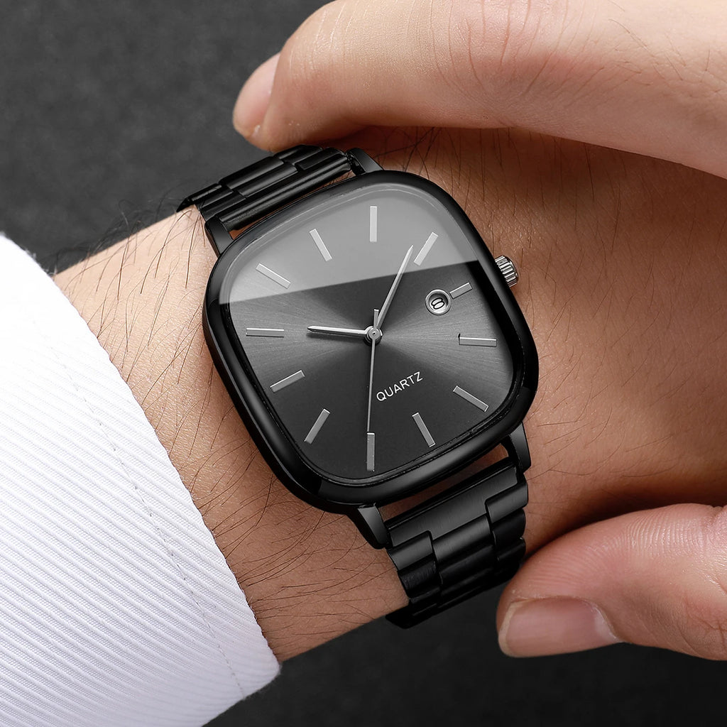 Steel strap watch, retro silver square watch, calendar, high-end feel, men's and women's commuting watch Qme