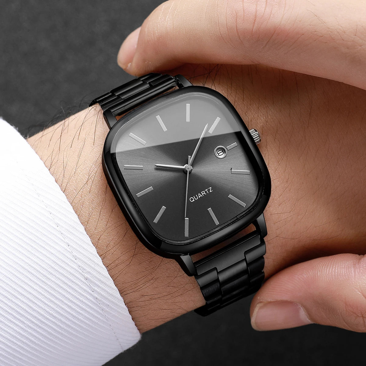 Steel strap watch, retro silver square watch, calendar, high-end feel, men's and women's commuting watch Qme