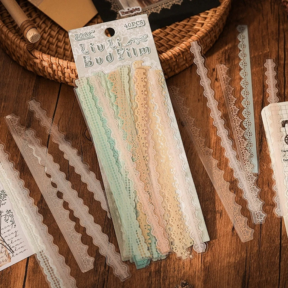 40 pcs Lace Stickers Cute Aesthetics Decor Collage Junk Journal Scrapbooking Supplies Self Adhesive Creative Stationery Sticker Qme