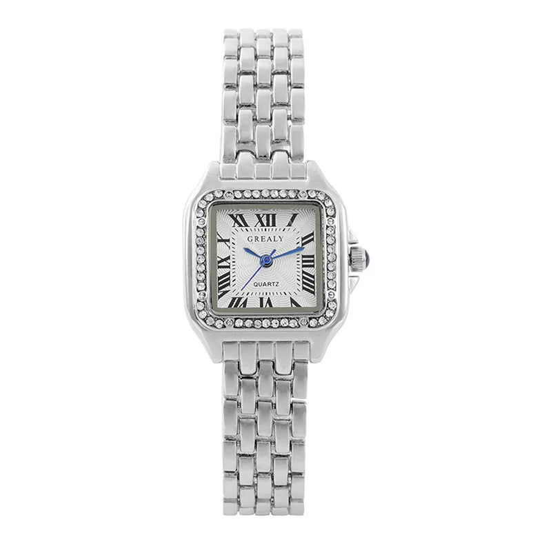 Ladies' Fashion Watch, Student Quartz Square Diamond Set Watch, Women's Steel Belt Watch Qme 1