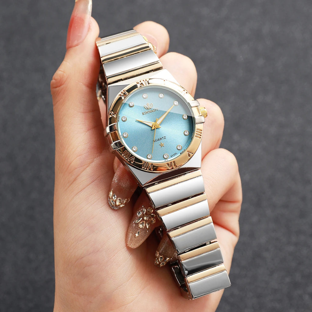 Elegant Women Two Tone Metal Band Quartz Watch Rhinestone Decor Light Blue Dial Casual Ladies Wrist Watch Gift Qme