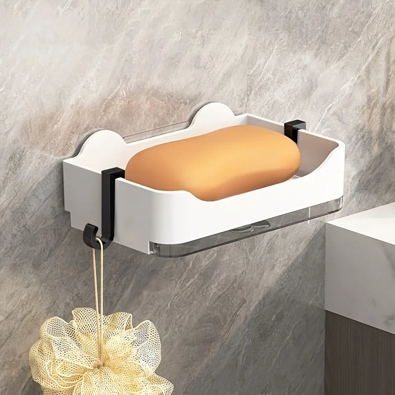 Wall-Mounted Soap Dish Holder, No-Drill Double Layer Soap Drainer Box, Space-Saving Kitchen Sink Organizer Qme White