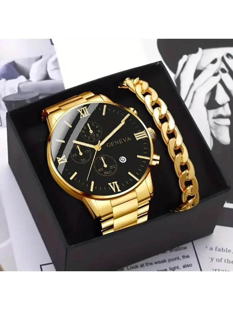 1pc Men Round Pointer Date Quartz Watch& 1pc Bracelet, Ideal choice for Gifts Qme Bronze No