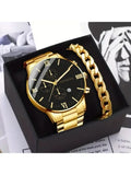 1pc Men Round Pointer Date Quartz Watch& 1pc Bracelet, Ideal choice for Gifts Qme Bronze No