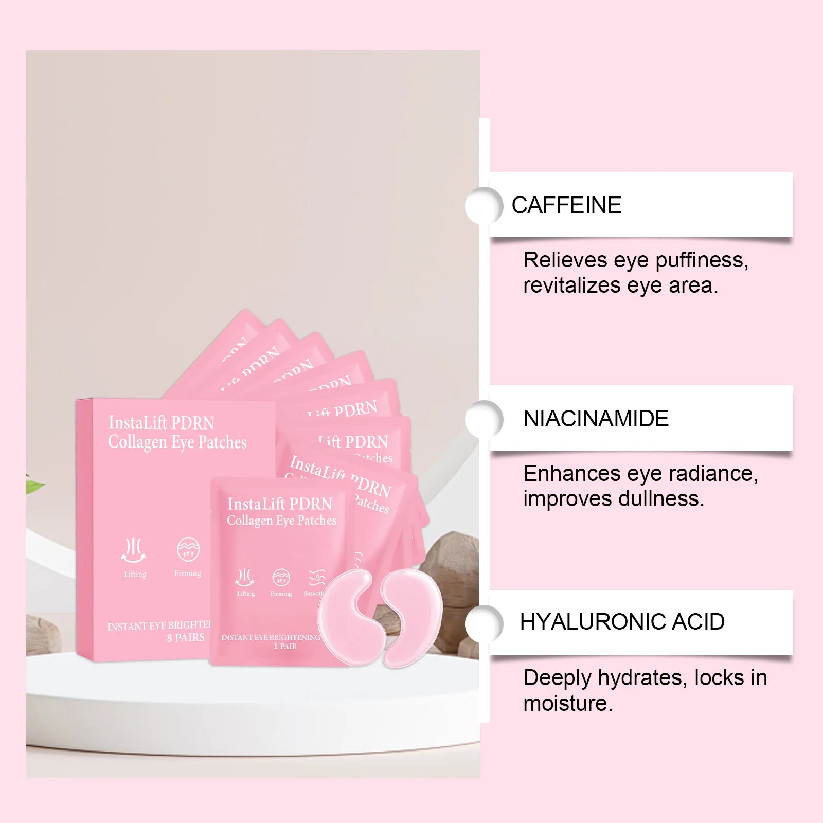 Instalift PDRN Collagen Eye Patches Anti Dark Circles Eye Bags Anti Wrinkles Hydrogel Under Eye Mask with Niacinamide & Caffeine Qme