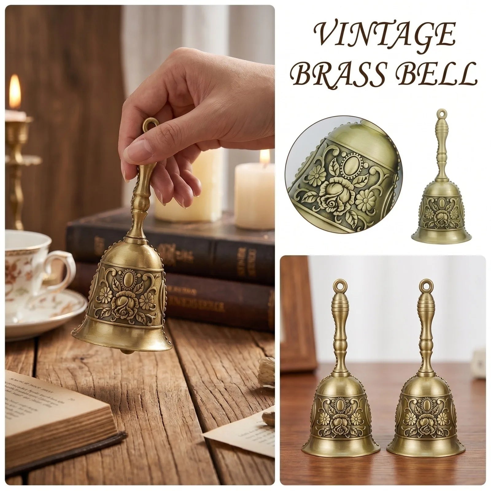 Brass Handicraft Large Engraved Hand Bell Loud and Clear Sound for Meditation Church Bronze Bell Creative Dining Service Bell Qme BR One Size