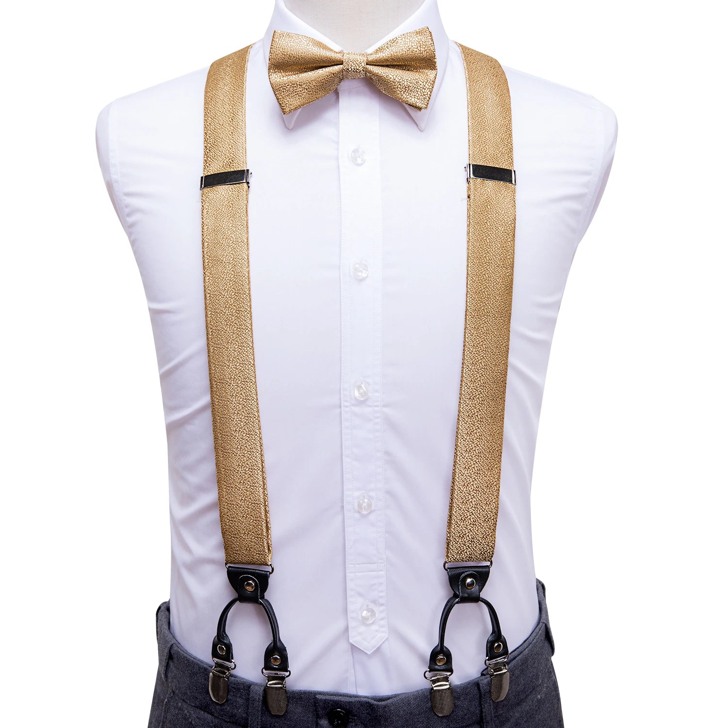 Silk Woven Mens Suspenders Bow Tie Hanky Cufflinks Strength 6 Clips