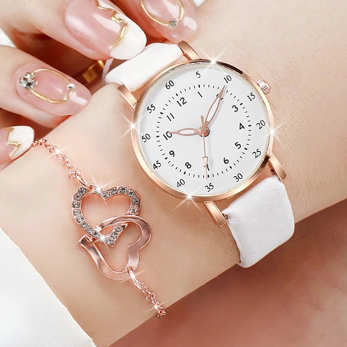 6 Pçs/set Relógio de Quartzo Feminino Moda Mostrador Árabe Pulseira de Couro Relógio de Quartzo Conjunto de Jóias (Sem Caixa) Qme