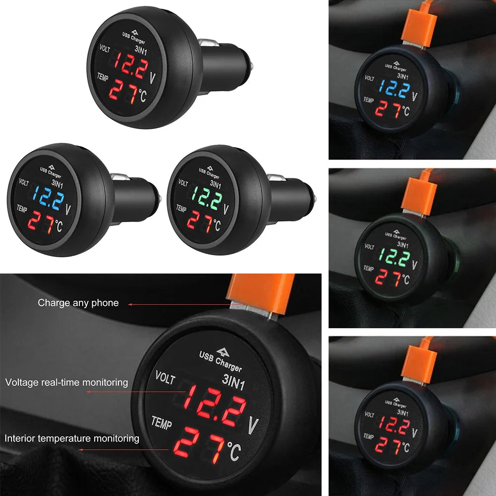 Car Charger 3 in 1 12/24V Charge with Voltmeter Switch Car Auto LED Digital Voltmeter Gauge Thermometer USB Charger Qme