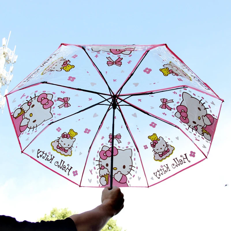Hello Kitty Kuromi Cartoon Transparent Umbrella Fully Automatic Folding Thickened Three-Fold Student Umbrella Qme