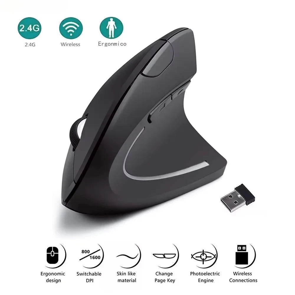 HOMEFISH Vertical Mouse Ergonomic 2.4GHz Wireless Optical Mice 3 Adjustable DPI 800/1200/1600 6 Buttons for Laptop PC Computer Qme Default Title