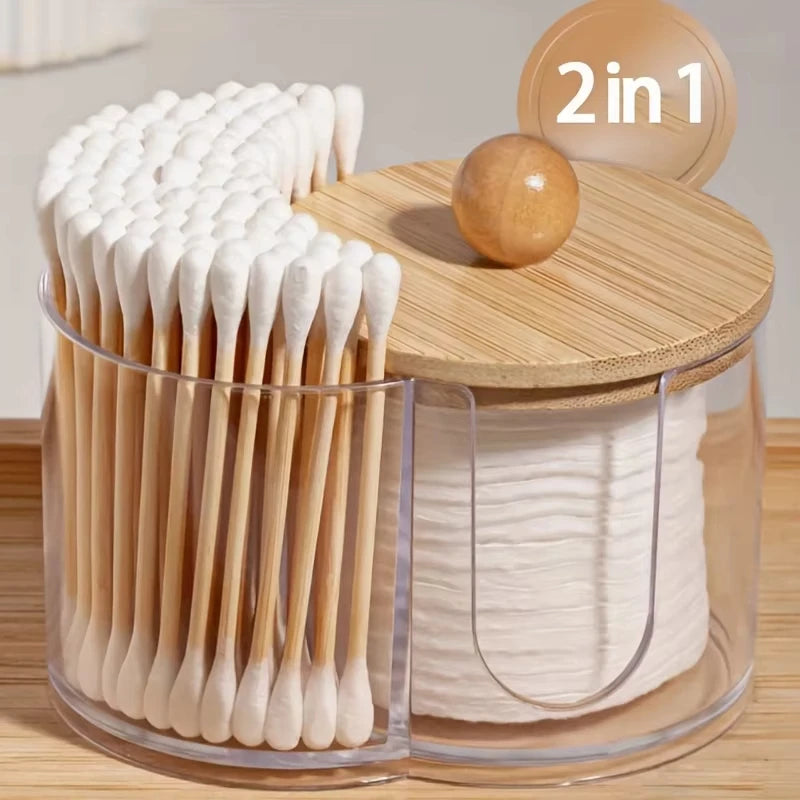 Holder with Dual Compartments - Clear Cotton Swab and Cotton Balls Organizer - Transparent Bathroom Storage Container for Makeup Qme