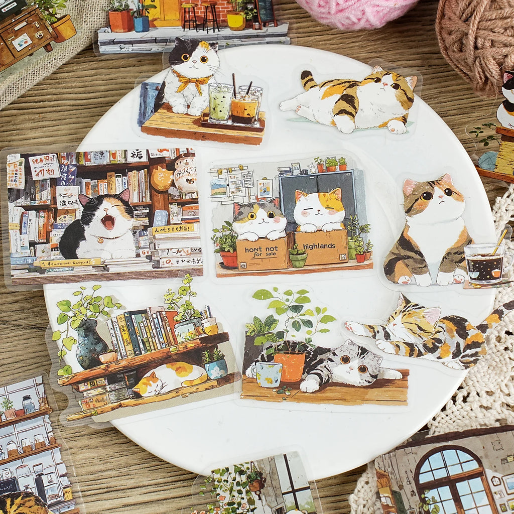 15Sheets/Bag Kawaii Cute Cartoon Cat Pet Theme PET Stickers for DIY Craft Scrapbooking Guitar Phone Case Laptop Water Bottle Dec Qme