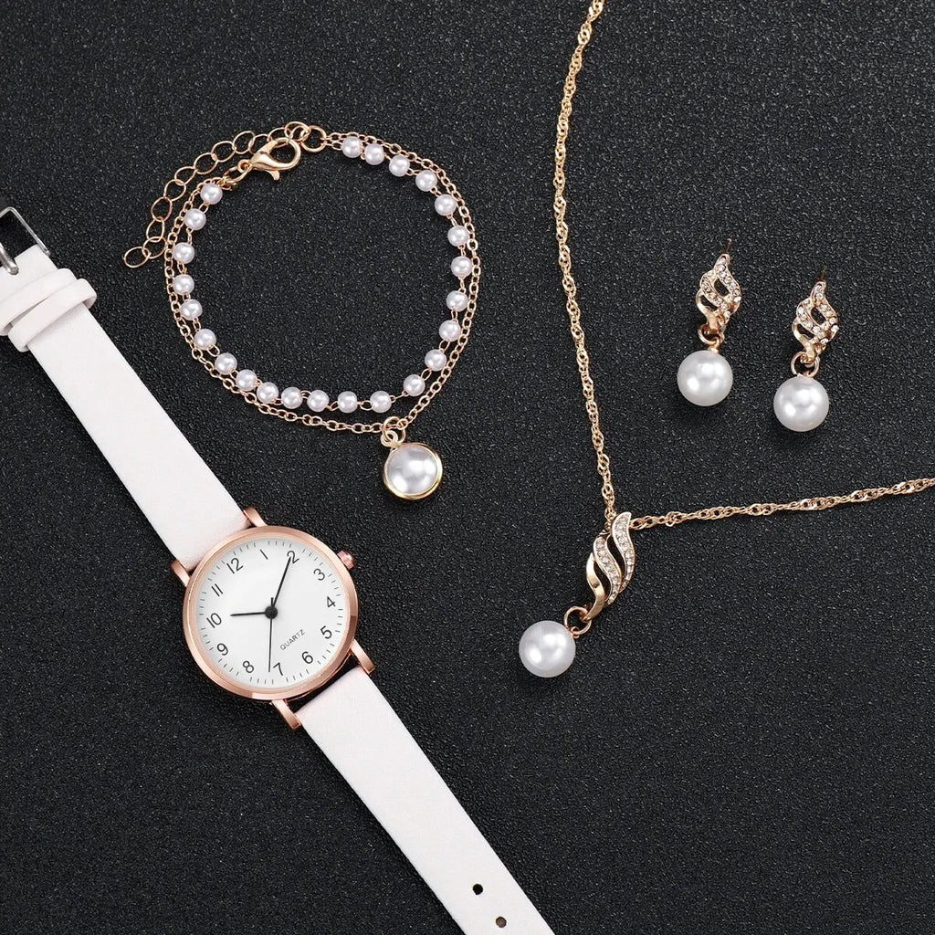 Women Rose Gold Pearl Jewelry Watch Set White Leather Quartz Wrist Watch Necklace Earrings Bracelet Ladies Elegant Gift Qme