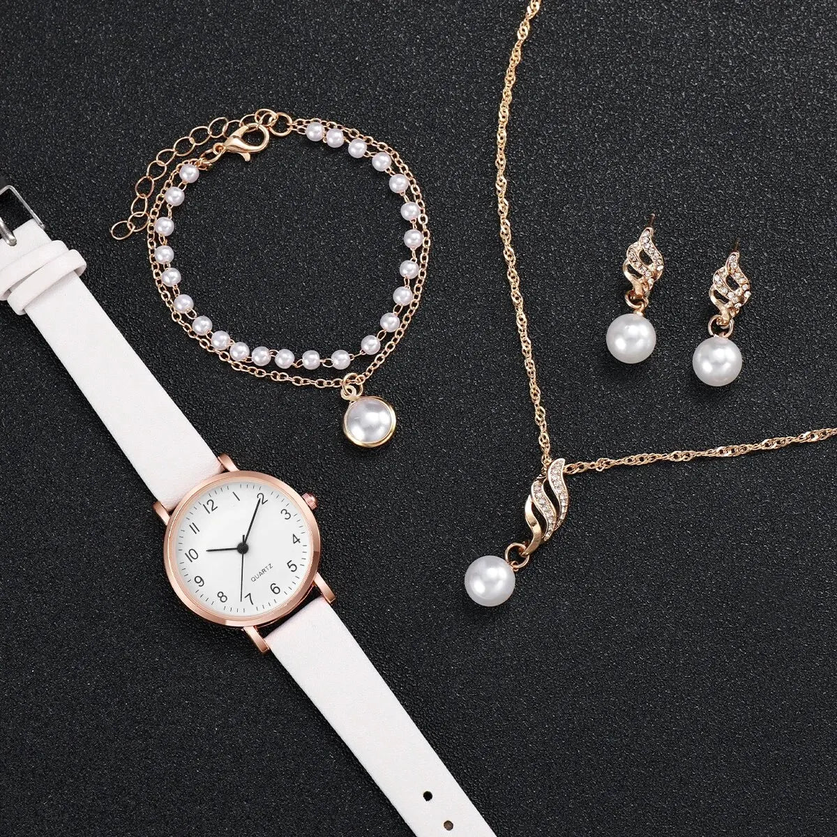 Women Rose Gold Pearl Jewelry Watch Set White Leather Quartz Wrist Watch Necklace Earrings Bracelet Ladies Elegant Gift Qme