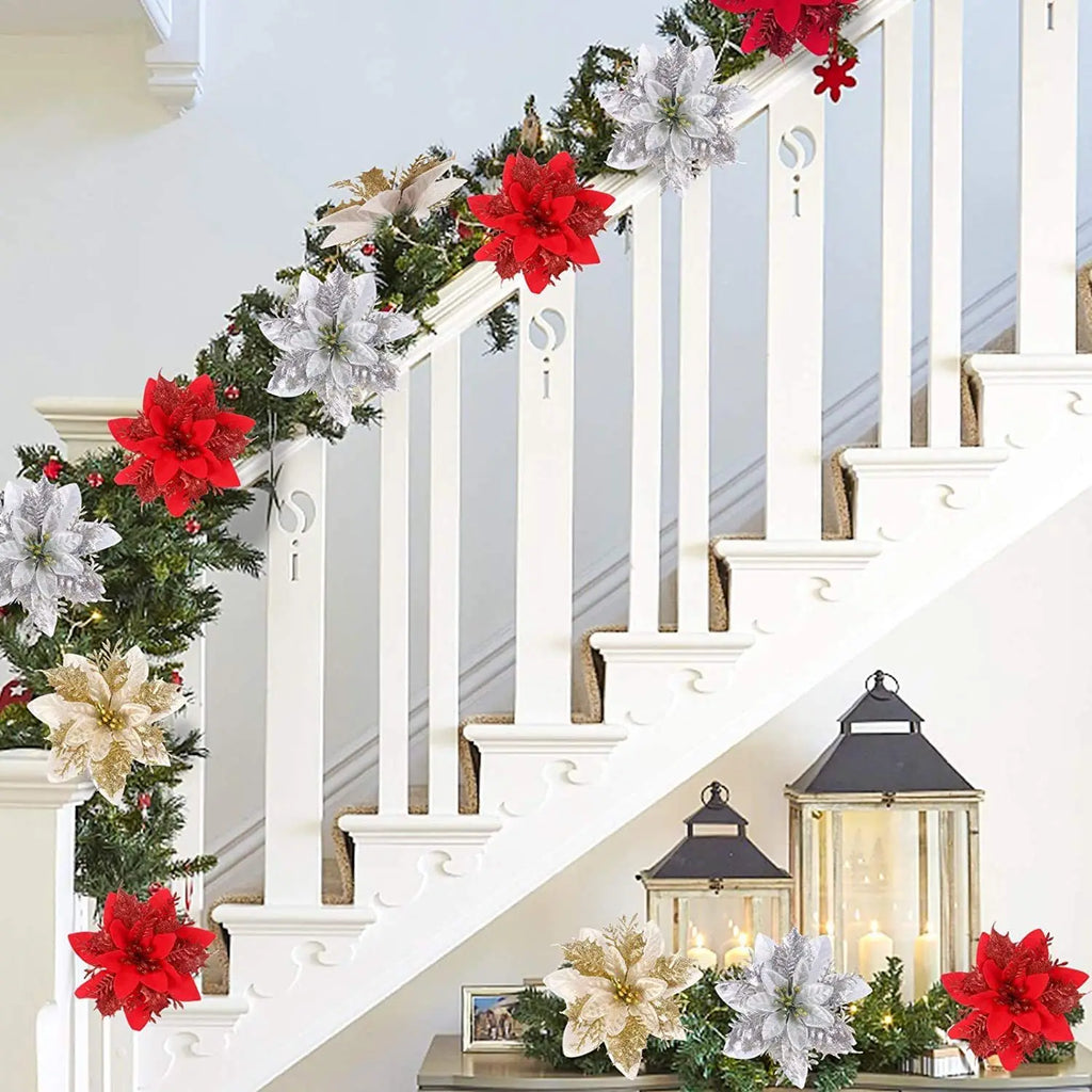 5PCS Glitter Poinsettia Artificial Xmas Flowers Ornaments for Christmas Tree Decorations Fake Flowers Head Christmas Decoration Qme