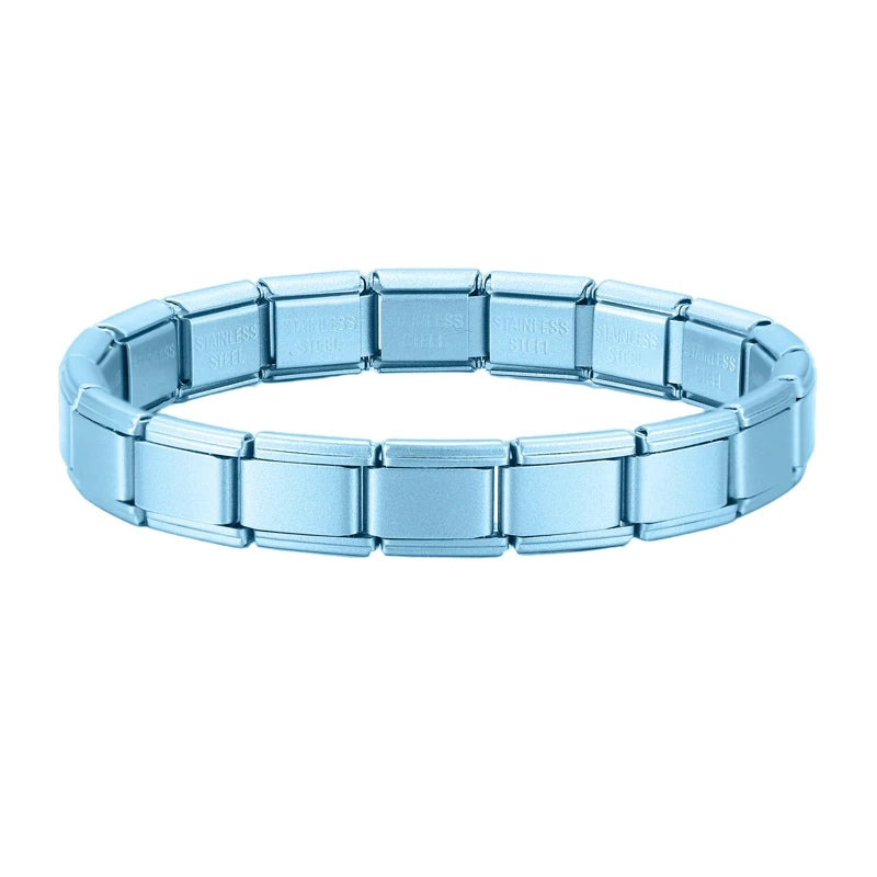 Italian Charms Silver Blue Stainless Steel Elastic Link Bangle 9mm Width Hand Chain DIY Module Bracelets Making Jewelry Gifts Qme S 18