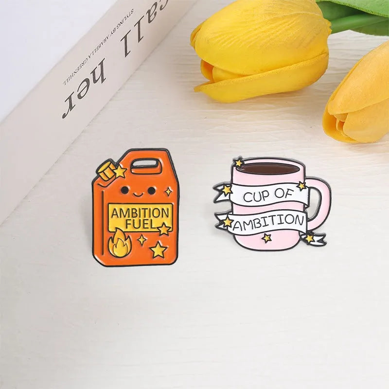 Motivational Enamel Pins Ambition Fuel Jerry Can Cup of Ambition Coffee Cup Lapel Brooches Positive Quote Badges for Daily Decor Qme