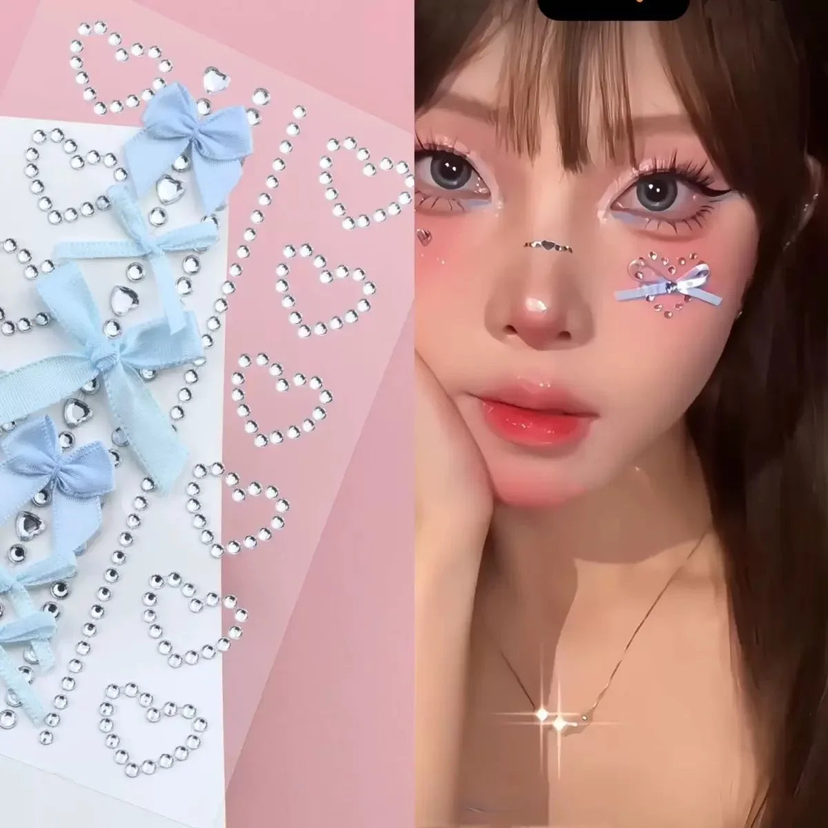 White Ribbon Bow Fashon Pearl Face Stickers Hollow Heart Pink Crystal Diamond Tattoo Stickers Body Arts Party Festival Makeup Qme