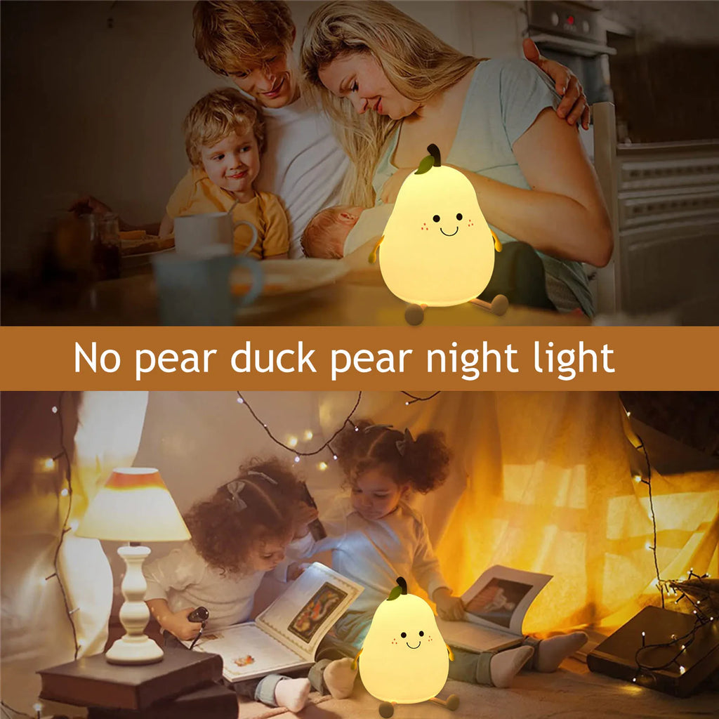 1pc Cute Pear Night Light 7-Color Dimmable Touch-Controlled Night Light Silicone Stress Reducing Pat Lamp USB Rechargeable Qme