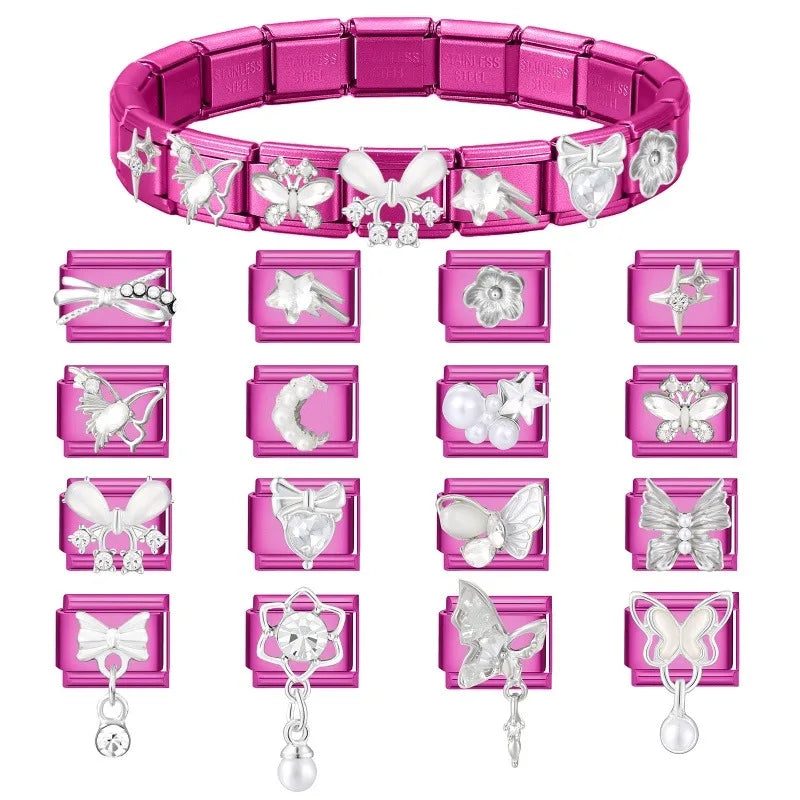 Y2K Rose Color Series Zircon Flower Butterfly Italian Charm Links Fit 9mm Stainless Steel Bracelet Women Jewelry DIY Making Gift Qme
