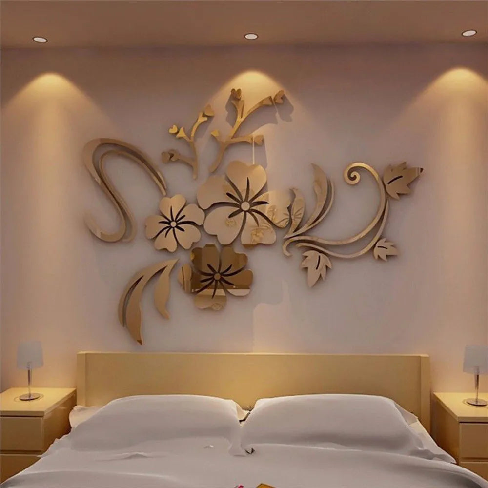 3D Mirror Floral Art Removable Wall Sticker Acrylic Mural Decal Home Room Decor Solid Color Flower Pattern Wall Sticker Qme