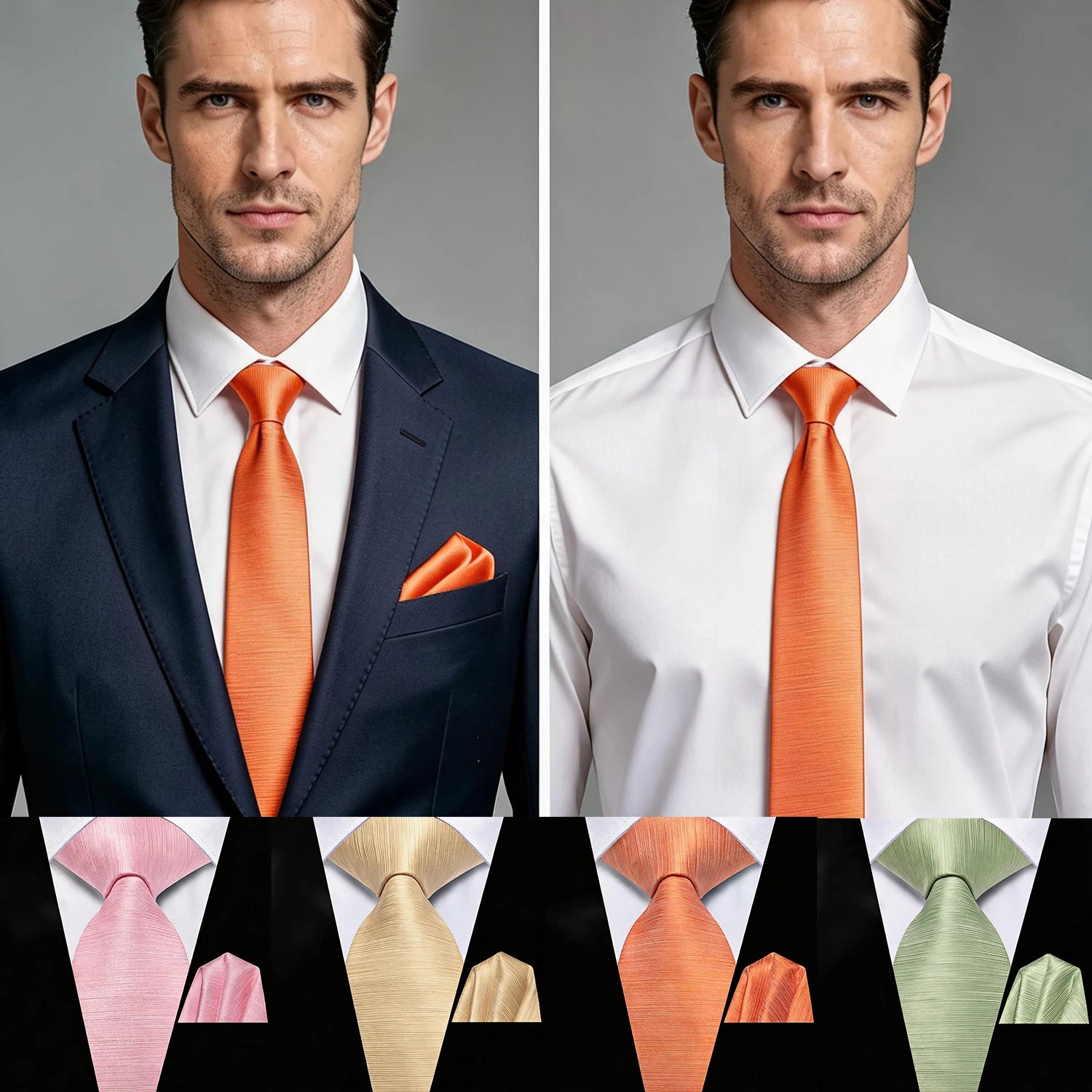Men Solid Striped Necktie Matching Pocket Square Kit Pink/Green/Yellow/Orange Elegant Accessory for Daily Formal Party Qme
