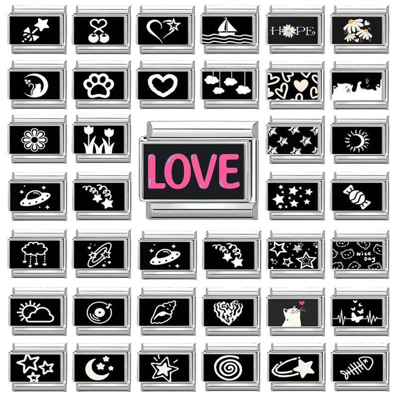 2026 New Wholesale Cute LOVE Black Series Charm Bracelet Fit 9mm Bracelet Stainless Steel Italian Links Making DIY Jewelry Gifts Qme
