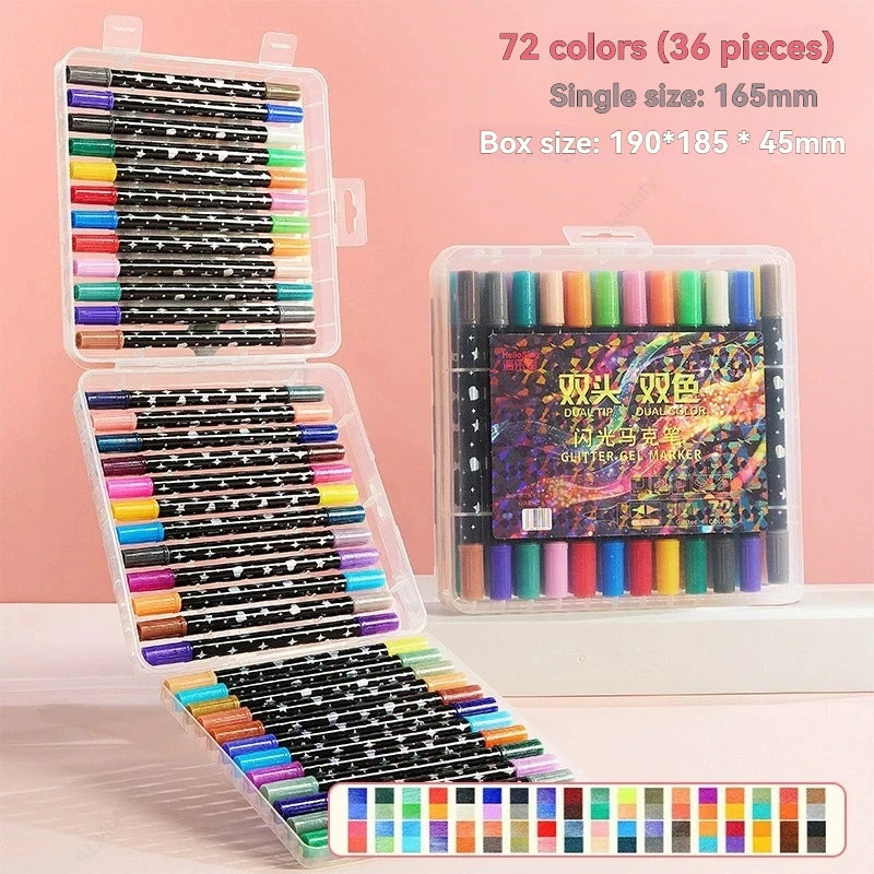 ArtShip Glitter Marker Pens, Double Brush Tips Highlighter Markers, for Painting, Ceramic, And Fabric, Water Based Non-Toxic Qme 36 pieces-72 colors