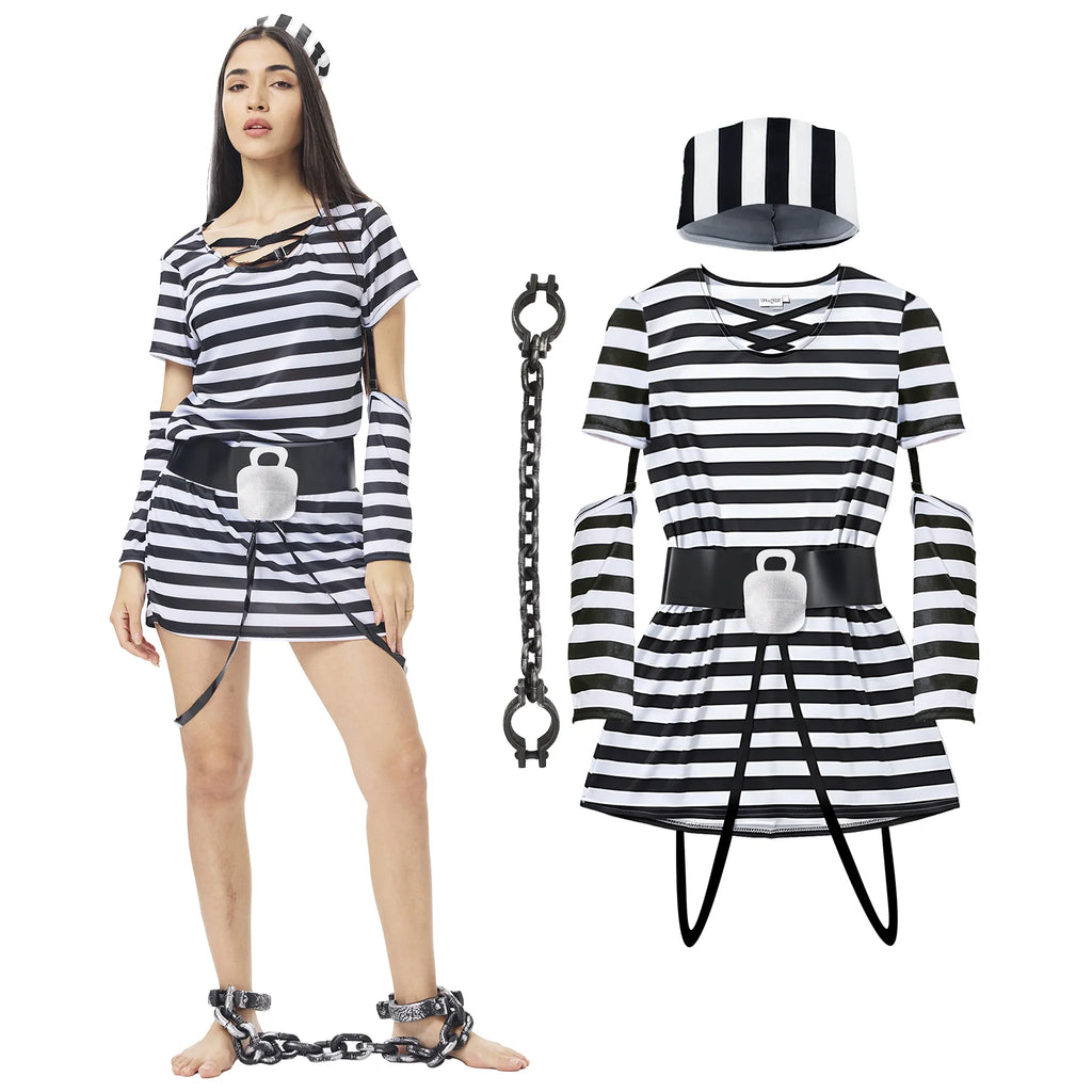 Prisoner Costume Women Adult Jail Inmate Outfit With Hat Foot Cuffs Fancy Halloween Dress Up Qme