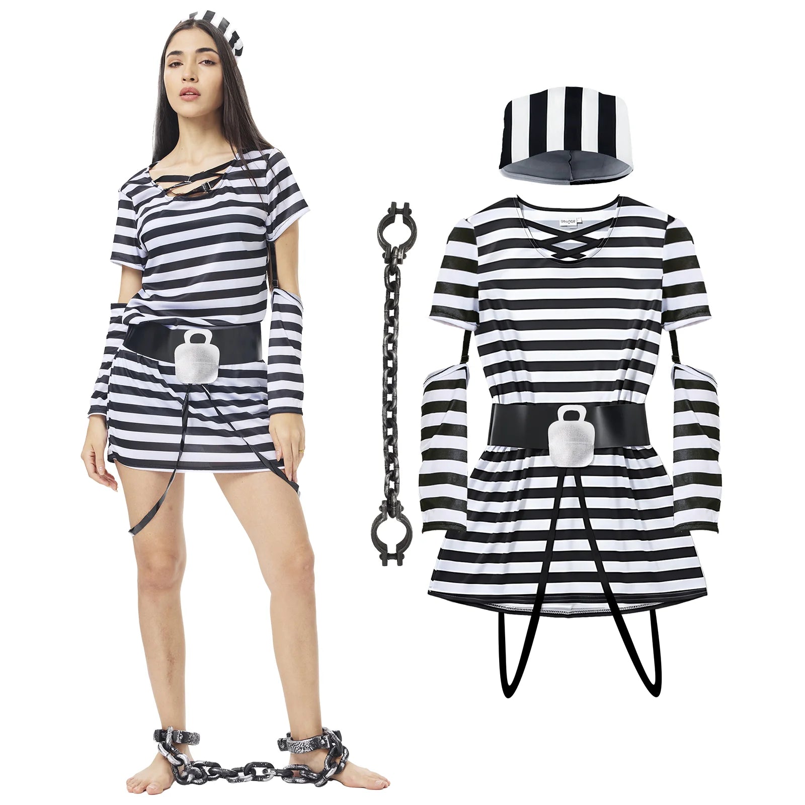 Prisoner Costume Women Adult Jail Inmate Outfit With Hat Foot Cuffs Fancy Halloween Dress Up Qme