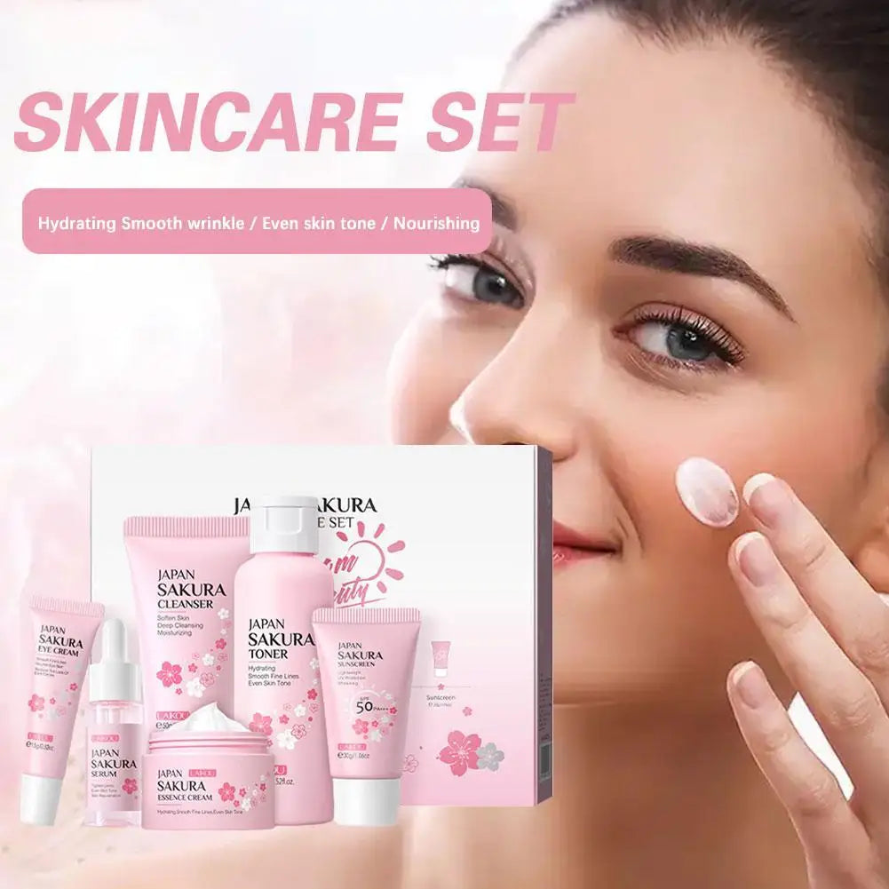 6PCs Sakura Skin Care Sets & Kits With Cleanser,Serum,Eye Cream,Sunscreen Cream Beauty Products For Women Gift Sets Routine Kit Qme