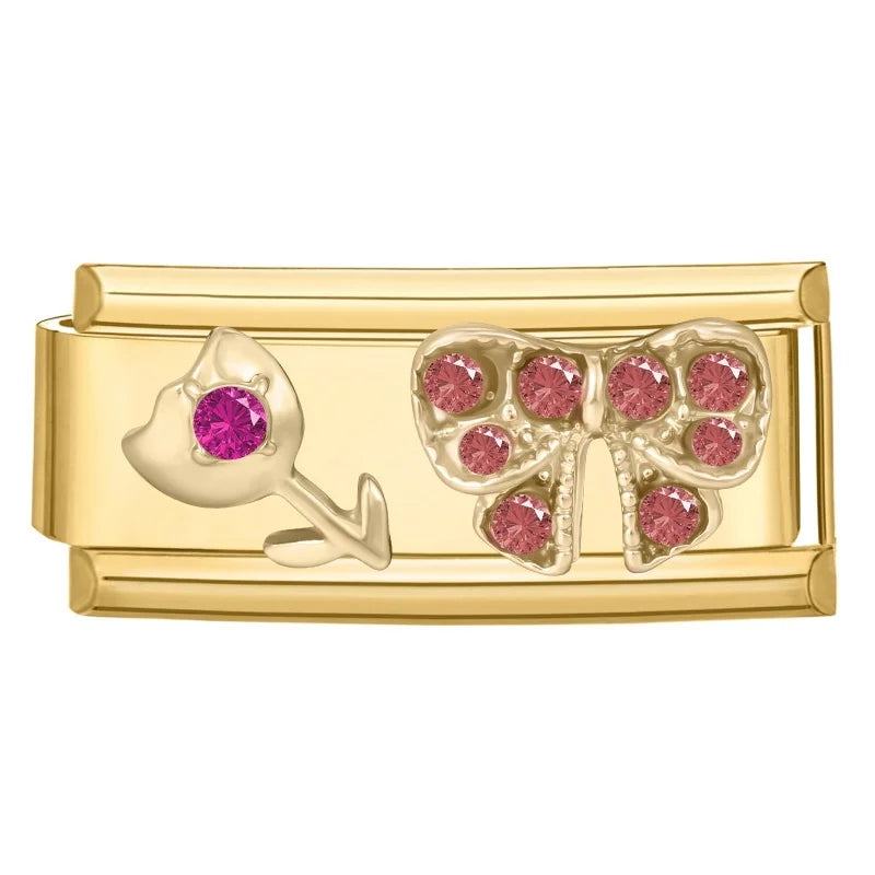 Sweet Flowers Butterfly Cute Heart Bows Italian Charm Link Gold Color Fit 9mm Stainless Steel Bracelet Women DIY Making Gift Qme Style 2