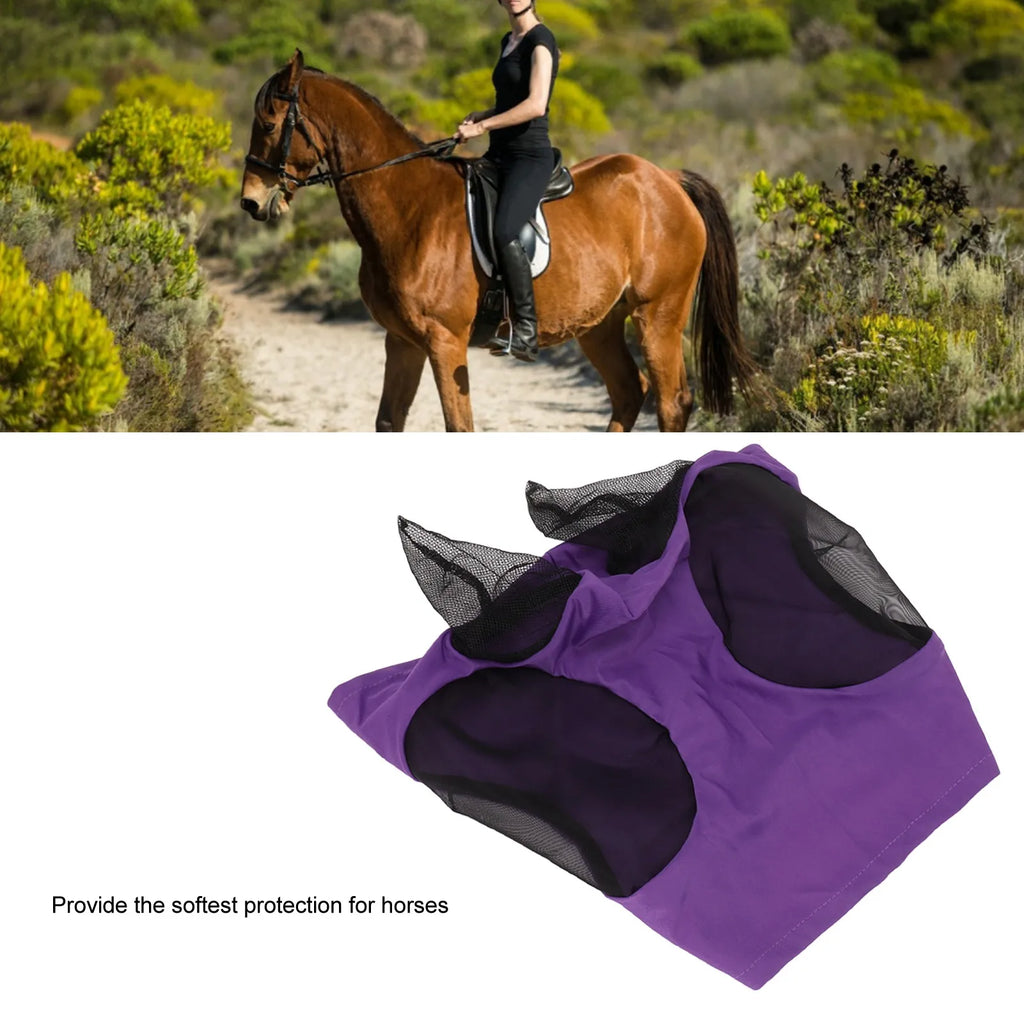 Breathable Horse Fly Mask Mesh Face Cover with Ear Protection Elastic Fit Riding Equestrian Gear for Horse Eye Insect Shield Qme