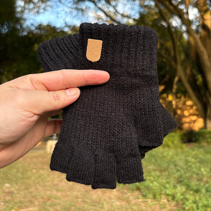 Black Winter Thick Elastic Knitted Gloves Warm Writting Office Cycling Fingerless Glove for Men Women Touchscreen Work Gloves Qme