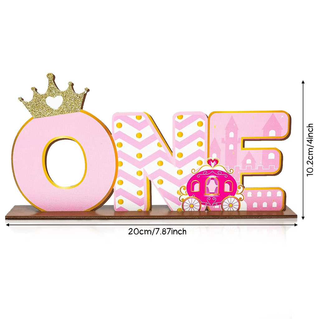 1SET 2D Pink Princess Style "ONE" Letter Wooden Desktop Decoration, Crown Carriage Castle Pattern, Warm Birthday Desktop Gift Qme