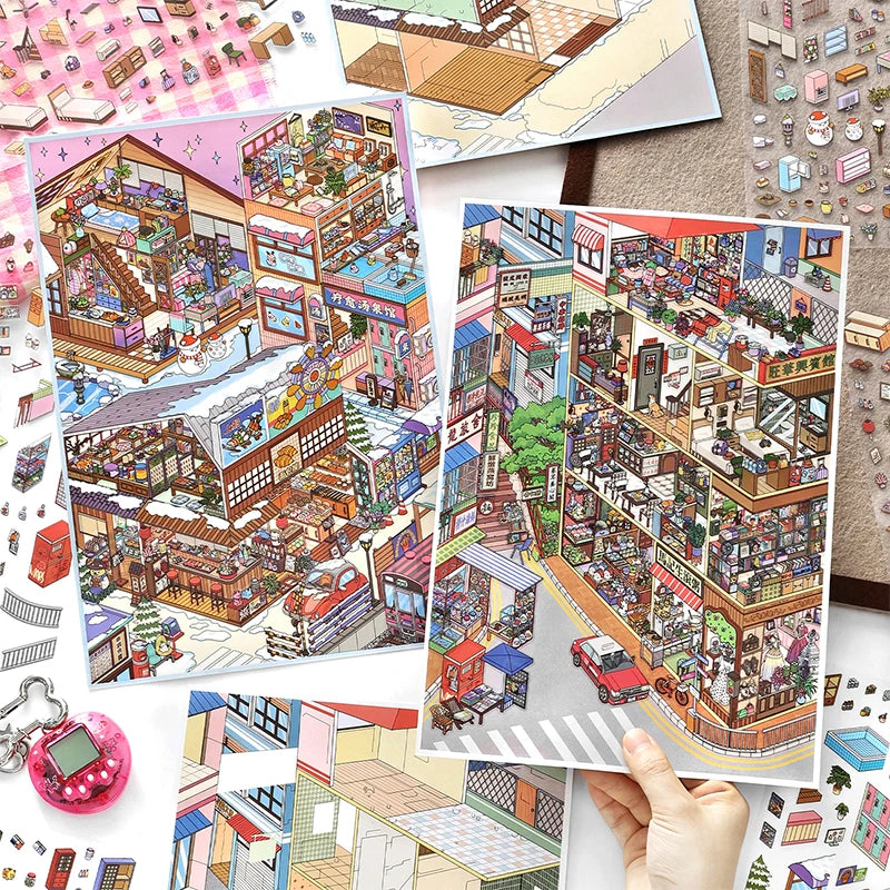 Oversized Street Scene Stickers, 3D Greeting Card DIY, High-Value Stationery Gift, Perfect for Leisure Time & Art Collection Qme