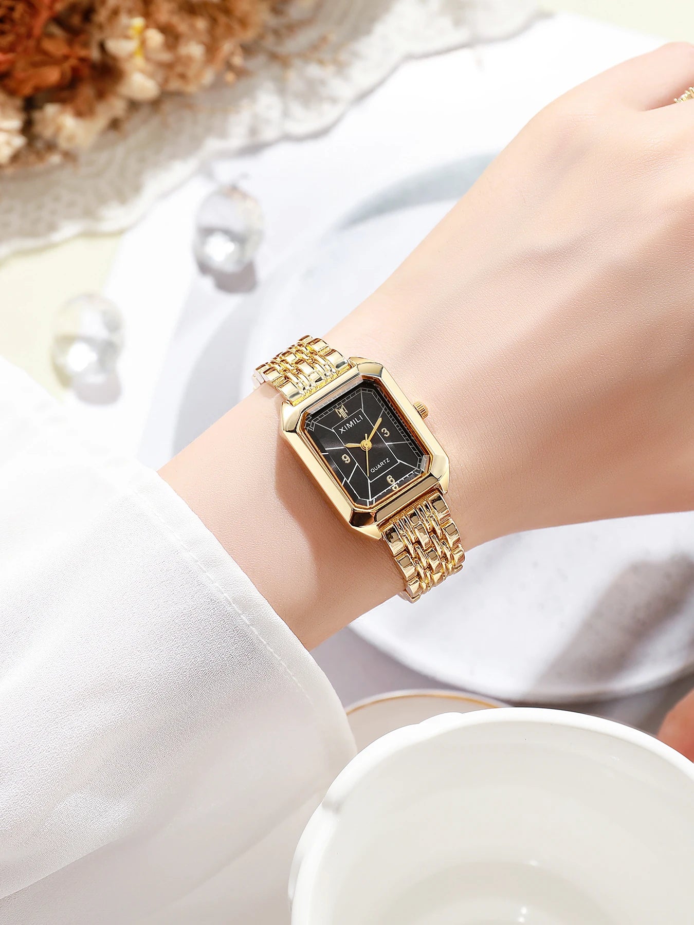 Golden rectangular steel strip quartz women's watch with diamond studded letters necklace bracelet earrings ring Mother's Day Qme