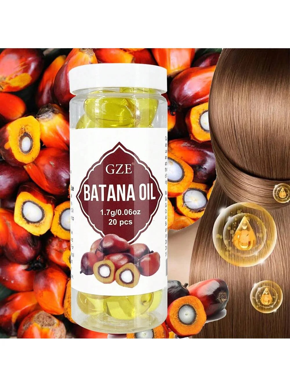 GZE Hair Batana Oil Capsule - Cold Pressed & Unrefined Oil for Hair, Strengthens Hair, Dry Damaged & Thin Hair - 20 Capsules Qme
