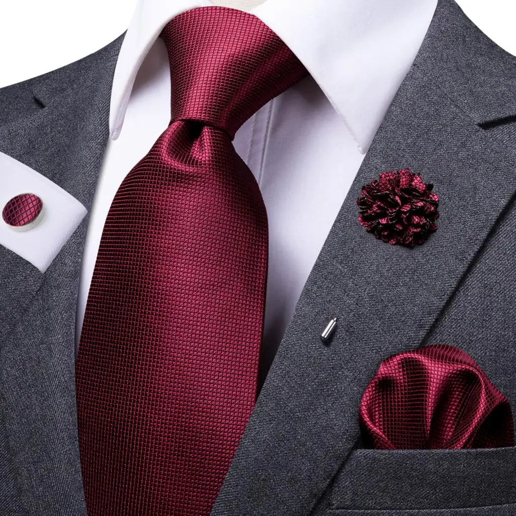 Burgundy Solid Mens Necktie Luxury Wide Wedding Tie Pocket Square Qme N-0430-XH-0056