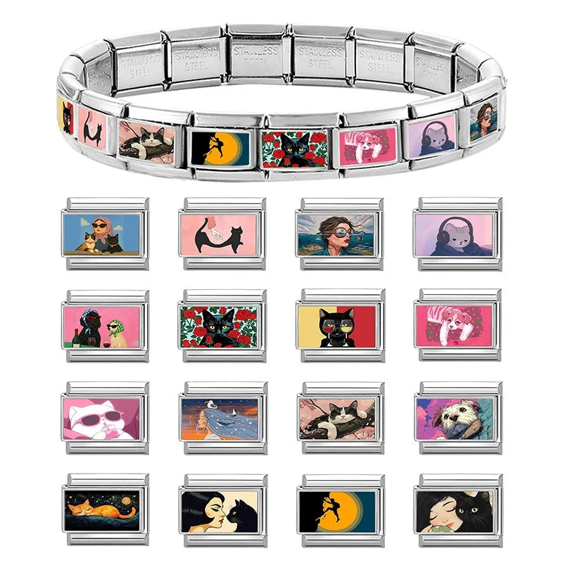 Wholesale Fashion Personalized DIY Colored Italian Charm Bracelet Red Rose Flower Cats Bead 9mm Bracelet Stainless Steel Jewelry Qme