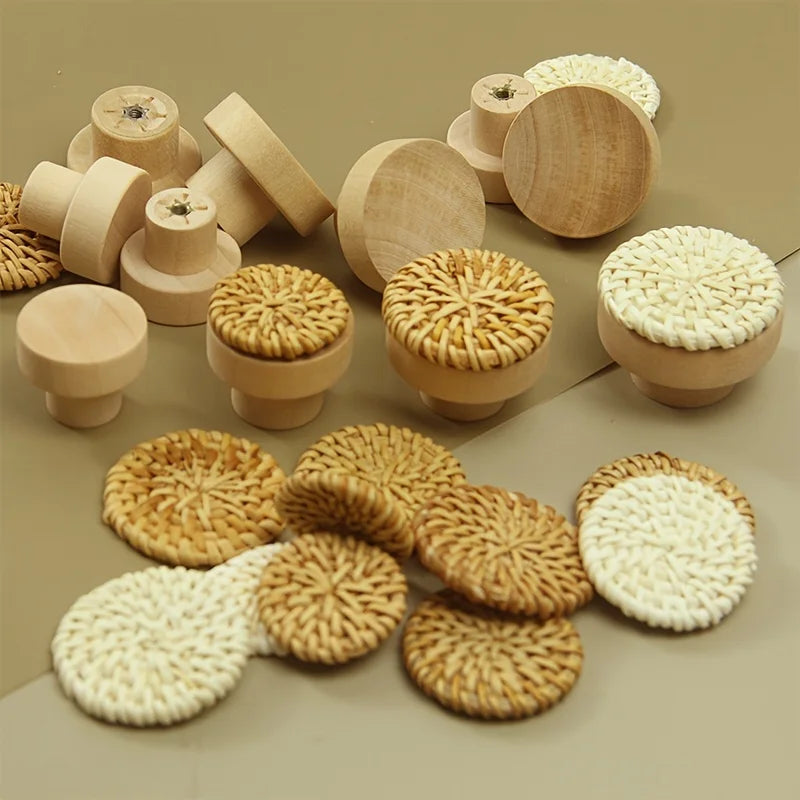 10 Woven Round Pancake Wooden Handles Clothes Cabinet Doors Rattan Qme