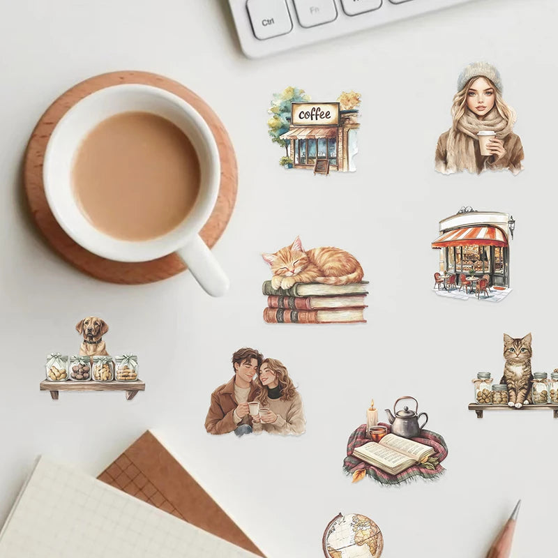 Retro Coffee Theme Clip Stickers Aesthetic Waterproof PET Transparent Qme