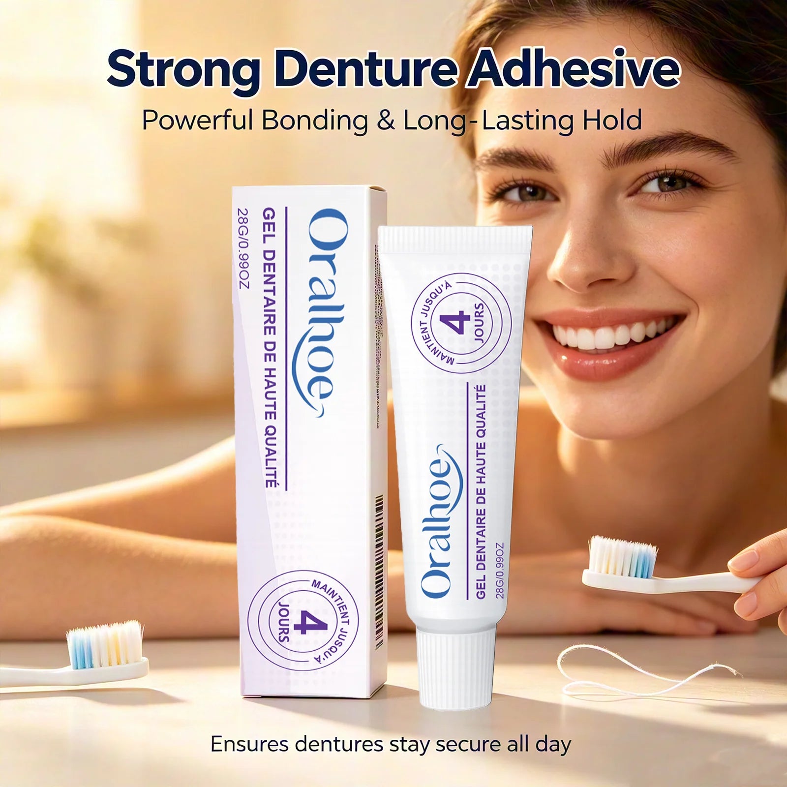 Oralhoe Denture Adhesive Long Lasting Fixation Denture Glue for False Teeth Denture Care Comfortable Portable Denture Fixing Gel Qme