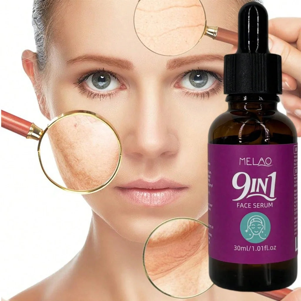 MELAO 9 IN 1 Anti Aging Face Serum with Hyaluronic Acid & Vitamin C, Reduces Wrinkles, Dark Spots & Pores, Brightens Firms Skin Qme