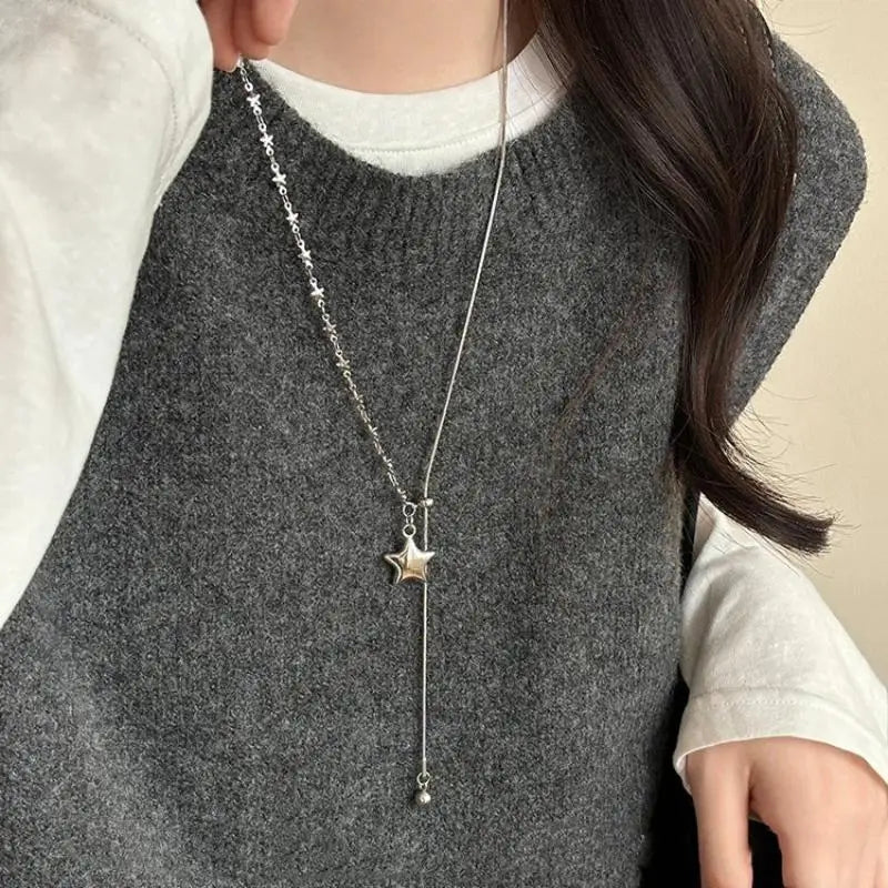 Silver Color Asymmetrical Star Pendant Adjustable Snake Chain Necklace For Women Qme
